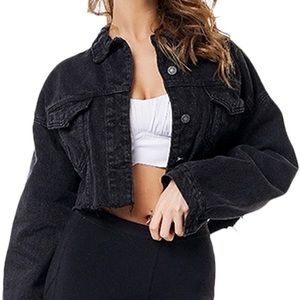 Distressed Crop Black Denim Jacket